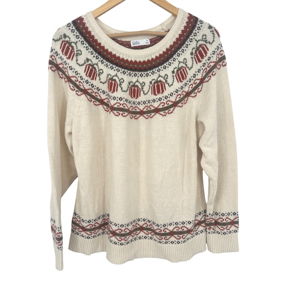 Croft & Barrow Sweater Womens XL Cream Pumpkin Fair Isle Fall Harvest Autumn